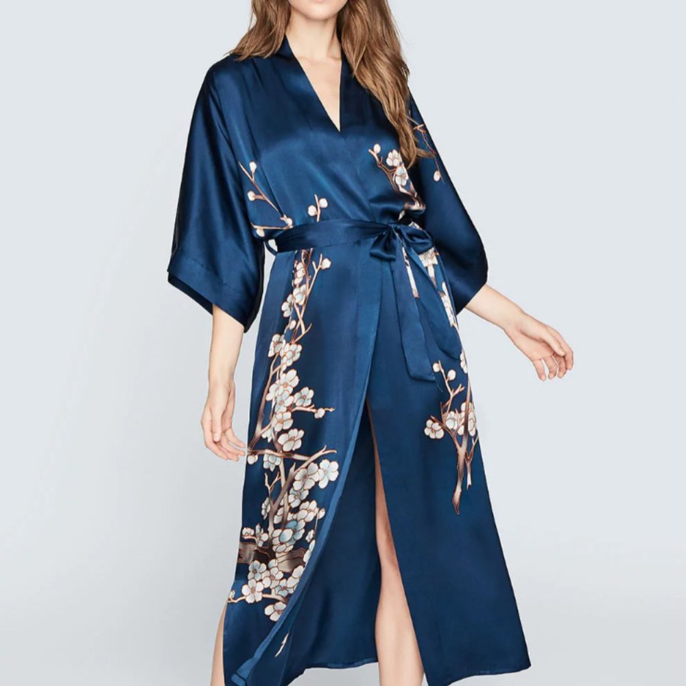 Hand Painted 100% Silk Cherry Blossom Kimono Robe by Kim + Ono